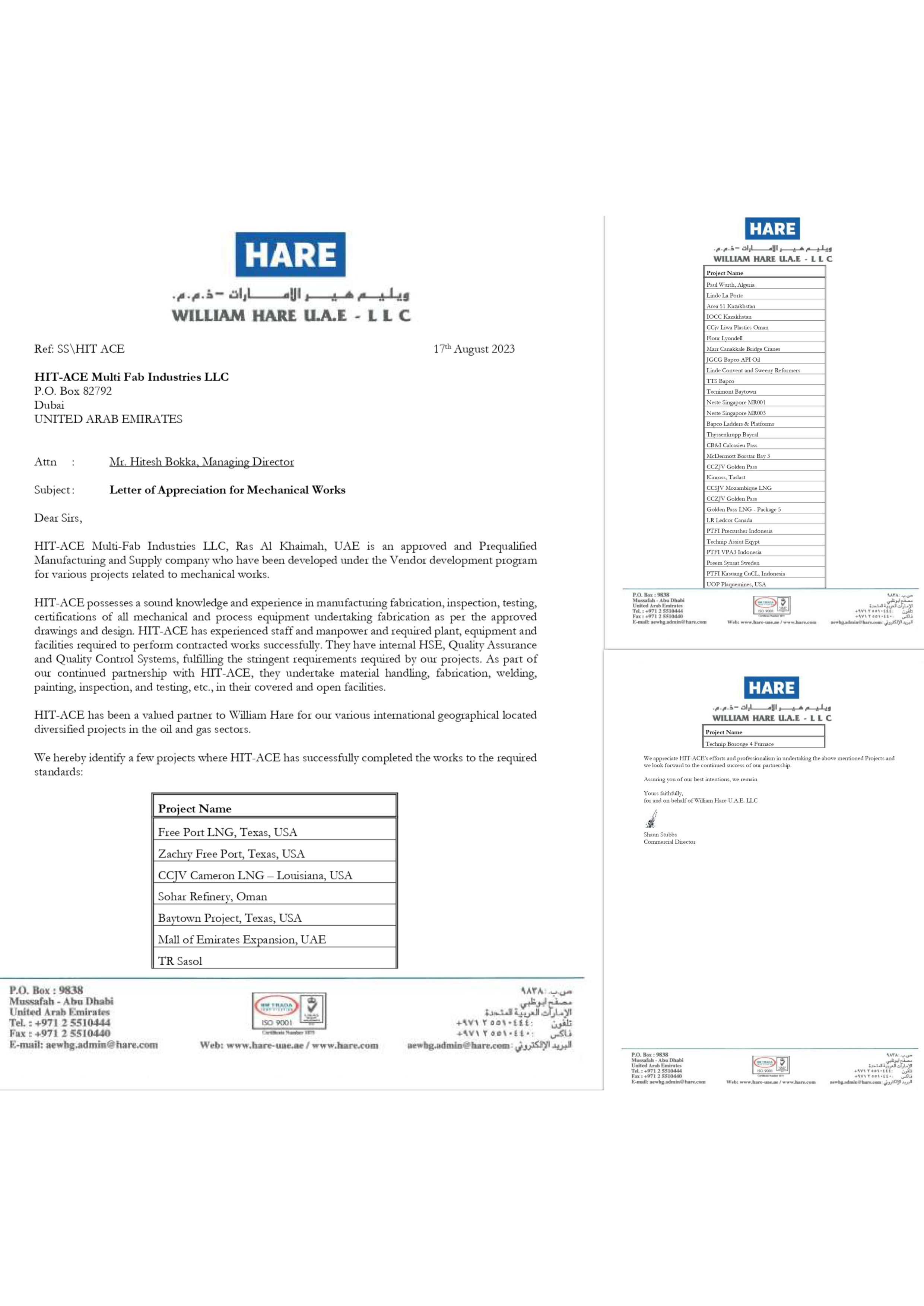 WILLIAM HARE - APPRECIATION LETTER