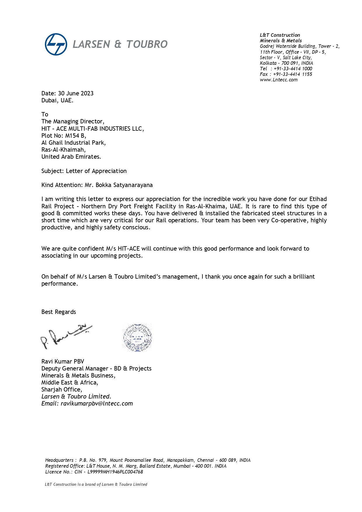 LARSEN& TURBO - APPRECIATION LETTER