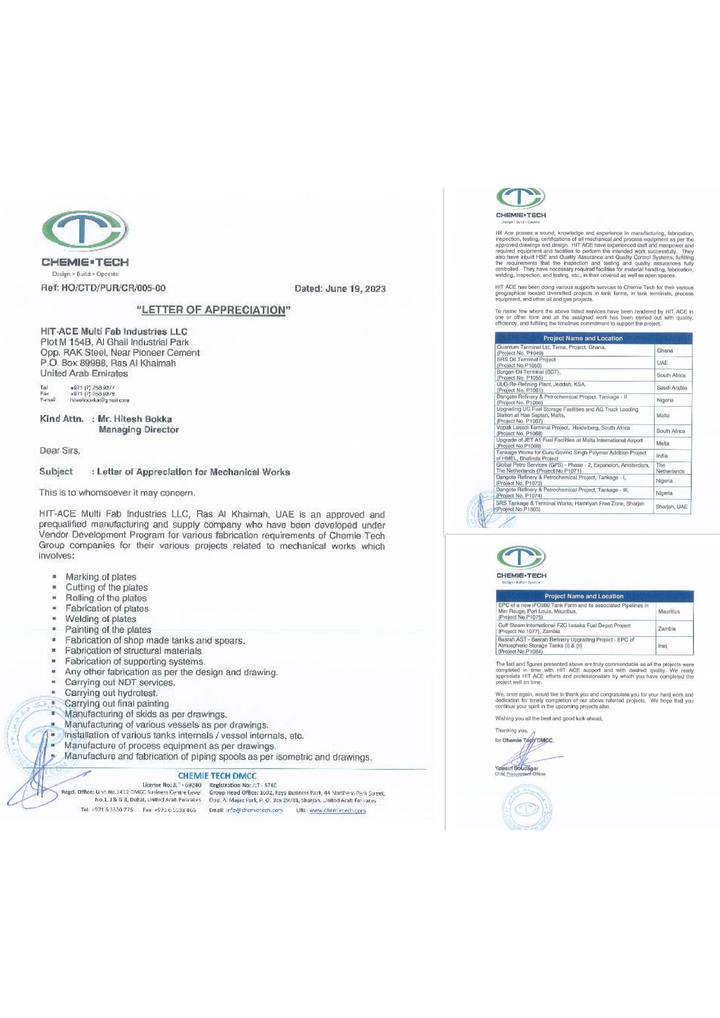 CHEMIE TECH - APPRECIATION LETTER